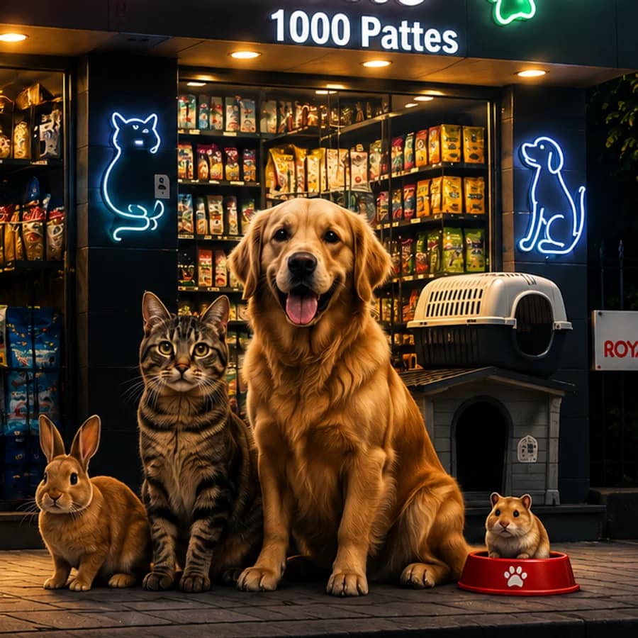 Devanture illuminée de l'Animalerie 1000 Pattes, avec un chien, un chat, un lapin et un hamster