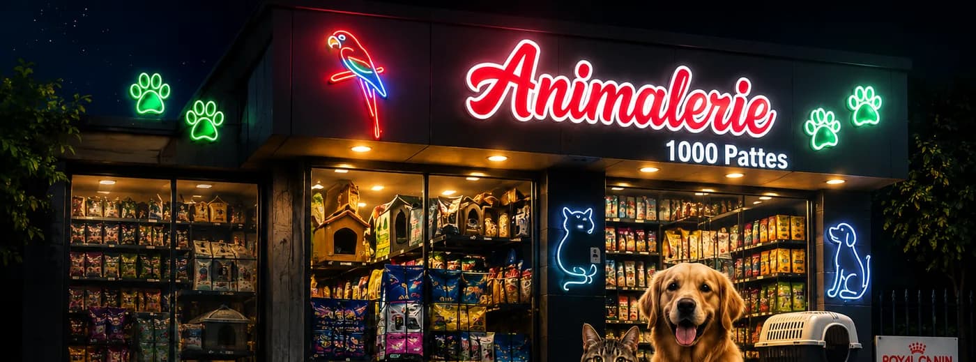 Devanture de l'Animalerie 1000 Pattes de nuit